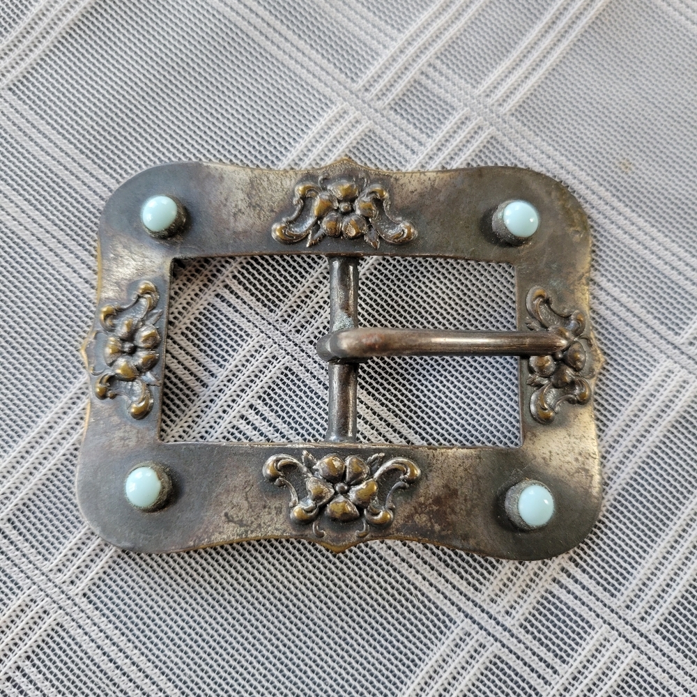 Victorian Metal Belt Buckle- Blue Stones Beads
